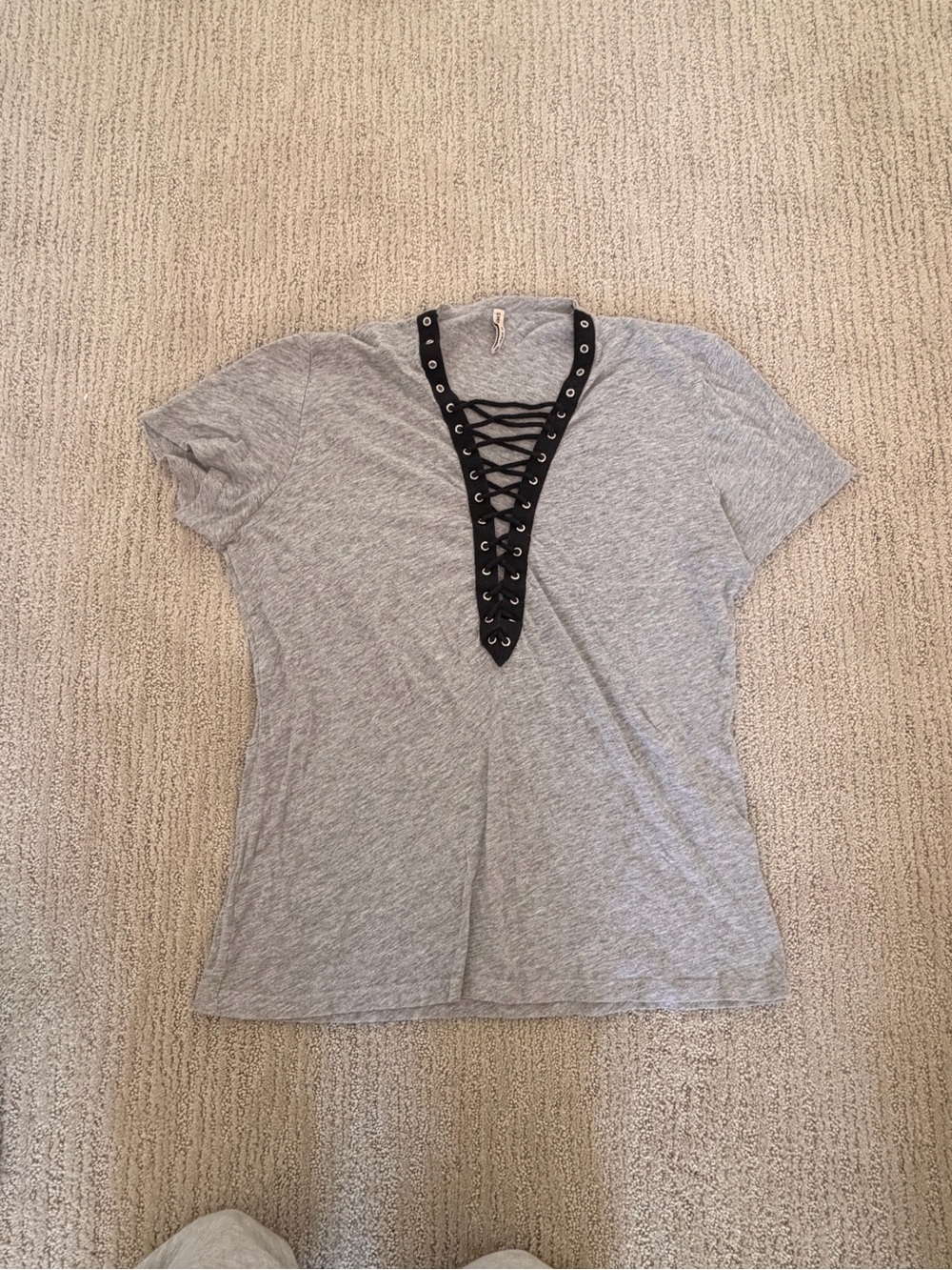 LF Gray Short-Sleeve Lace-Up V-Neck Tee with Black Trim
